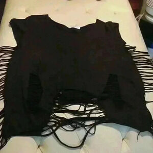 Black cutout Tee with fringe sz Large